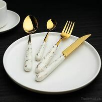Stainless Steel Gold Cutlery Set With White Marble Pattern Handle - 24 Pcs | Kitchenware Cutlery Set, Cutlery Sets - Trademart.pk