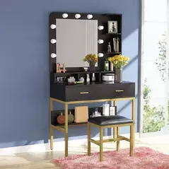 Dressing Table with Illuminated Mirror and Stool, 2 Drawers and Storage Shelf Dressing Table, Golden Dressing Table, Dresser - Dressing Table - Trademart.pk