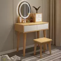 Modern Bedroom Nordic Natural Wood Oak Dressing Table with Lighted Mirror and Stool, Dresser - Dressing Table - Trademart.pk