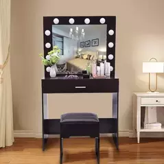 Modern Makeup Vanity Table with Mirror and Bulbs Light and Stool with PU Cushion Customized., Dresser - Dressing Table - Trademart.pk
