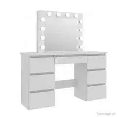 Modern White 7 Drawers Storage Dressing Table Makeup Vanity Table with Lighted Mirror, Dresser - Dressing Table - Trademart.pk
