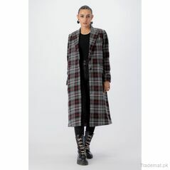 West Line Women Gray Checkered Longline Coat, Women Coat - Trademart.pk