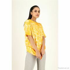Women Level Yellow Flower Tie Dye Cotton Oversized Top, Women T-Shirts - Trademart.pk