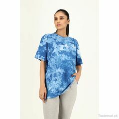 Women Level Dusty Blue Flower Tie Dye Cotton Oversized Top, Women T-Shirts - Trademart.pk