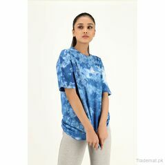 Women Level Dusty Blue Flower Tie Dye Cotton Oversized Top, Women T-Shirts - Trademart.pk