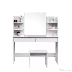 Modern Corner Dressing Table with 2 Drawers Stool-Makeup Dresser with Mirror White and Black, Dresser - Dressing Table - Trademart.pk