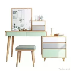 Modern Nordic Oak Leg Wooden Dressing Table with Mirror and Stool, Dresser - Dressing Table - Trademart.pk