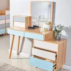 Modern Nordic Oak Leg Wooden Dressing Table with Mirror and Stool, Dresser - Dressing Table - Trademart.pk