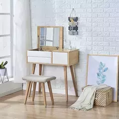 Scandinavian Bedroom1 Drawer Wooden Dresser with Vanity Makeup Mirror & Stool, Dresser - Dressing Table - Trademart.pk