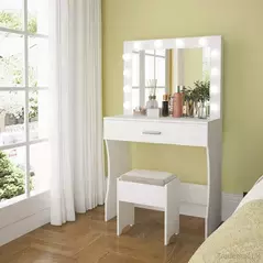 Vanity Table Set with Lighted Mirror Makeup Table with Storage Drawer Wooden Dresser Desk for Bedroom Living Room White, Dresser - Dressing Table - Trademart.pk