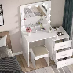Wooden White Corner 5 Drawers Dressing Table with Stool and Mirror Set for Bedroom, Dresser - Dressing Table - Trademart.pk