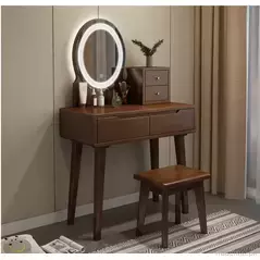 Modern Bedroom Nordic Natural Wood Oak Dressing Table with Lighted Mirror and Stool, Dresser - Dressing Table - Trademart.pk