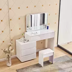 Space Saving Compact Dressing Table with Mirror, Stool & Bedside Table White Finish, Dresser - Dressing Table - Trademart.pk
