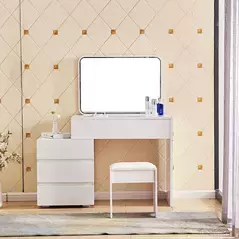 Space Saving Compact Dressing Table with Mirror, Stool & Bedside Table White Finish, Dresser - Dressing Table - Trademart.pk