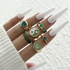 Green Yin Yang & Heart - Rings Set, Rings - Trademart.pk