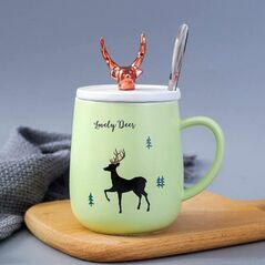 Lovely Deer Ceramic Mug With Lid And Spoon, Mugs - Trademart.pk