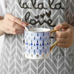 Oriental Blue Ceramic Tea Mug With Spoon & Lid, Mugs - Trademart.pk