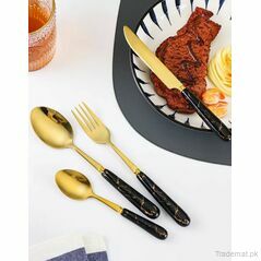 Stainless Steel Gold Cutlery Set With Black Marble Pattern Handle - 24 Pcs | Kitchenware Cutlery Set, Cutlery Sets - Trademart.pk