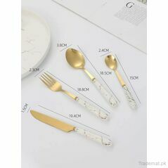 Stainless Steel Gold Cutlery Set With White Marble Pattern Handle - 24 Pcs | Kitchenware Cutlery Set, Cutlery Sets - Trademart.pk