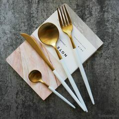 White & Gold Stainless Steel Cutlery Set - 4 Pcs, Cutlery Sets - Trademart.pk