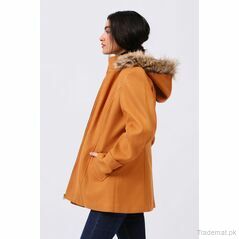 Paneled Coat with Fur Detail Hood, Women Coat - Trademart.pk