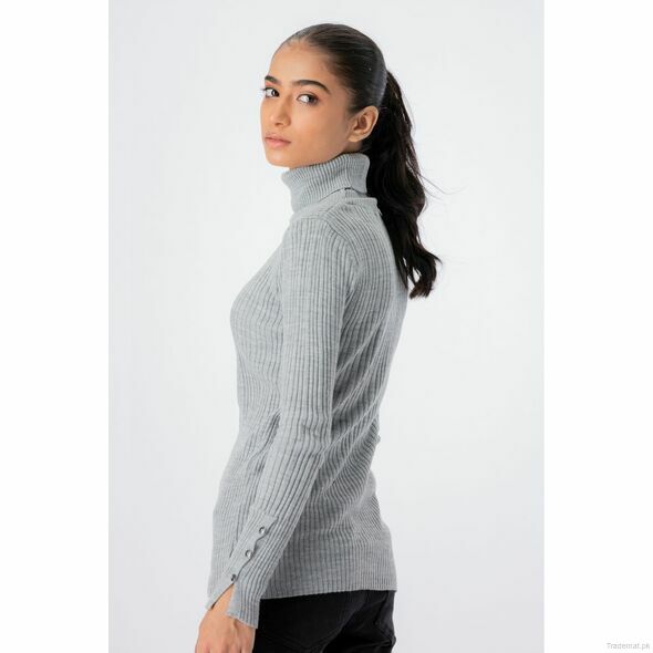 West Line Women Grey High Neck With Sleeve Button Sweater, Women Sweater - Trademart.pk