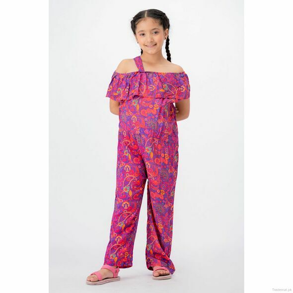 Yellow Bee Girls Pink Floral Print Jump Suits, Girls Jumpsuits - Trademart.pk