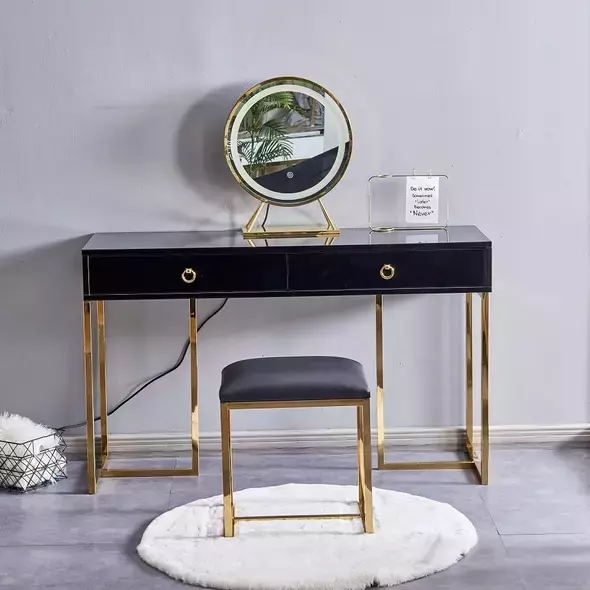 Luxury Gold Black Gloss Modern Dressing Table Set with Mirror and Stool, Dresser - Dressing Table - Trademart.pk