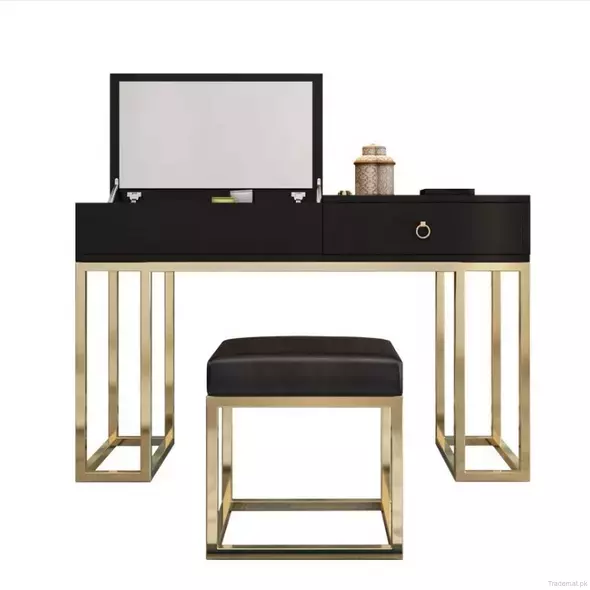 Modern High Gloss Luxury Set Black White Gold Makeup Vanity Dressing Table, Dresser - Dressing Table - Trademart.pk