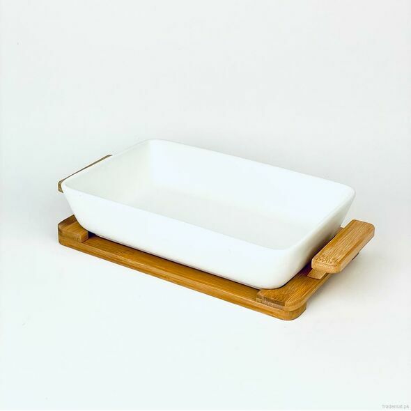 Ceramic Serving Dish With Wooden Base - Rectangular, Serving Dish - Trademart.pk