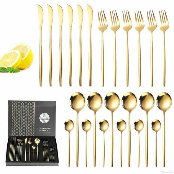 Cross Border Gold Plated Stainless Steel Cutlery Set - 24 Pcs, Cutlery Sets - Trademart.pk