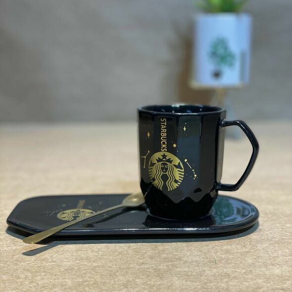 "Starbucks" Mug With Serving Dish And Spoon - Black, Mugs - Trademart.pk