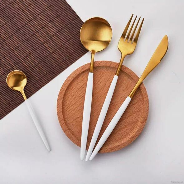 White & Gold Stainless Steel Cutlery Set - 4 Pcs, Cutlery Sets - Trademart.pk