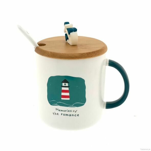 White Lighthouse Coffee Mug With Wooden Lid, Mugs - Trademart.pk