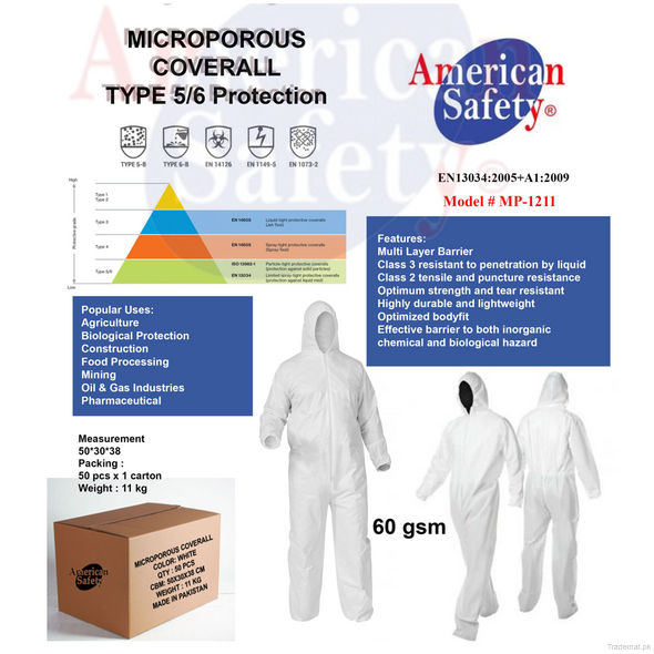 Microporous Coveralls Type 5/6, Medical Coverall - Trademart.pk