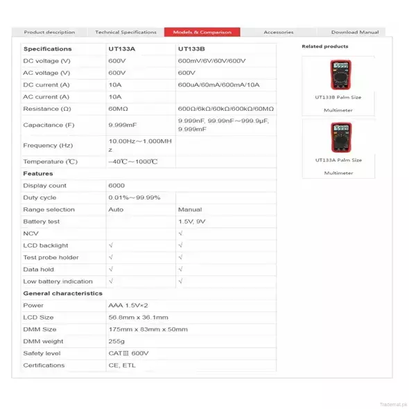 UNI T Palm Size Digital Multimeter UT133A, Digital Multimeter - Trademart.pk