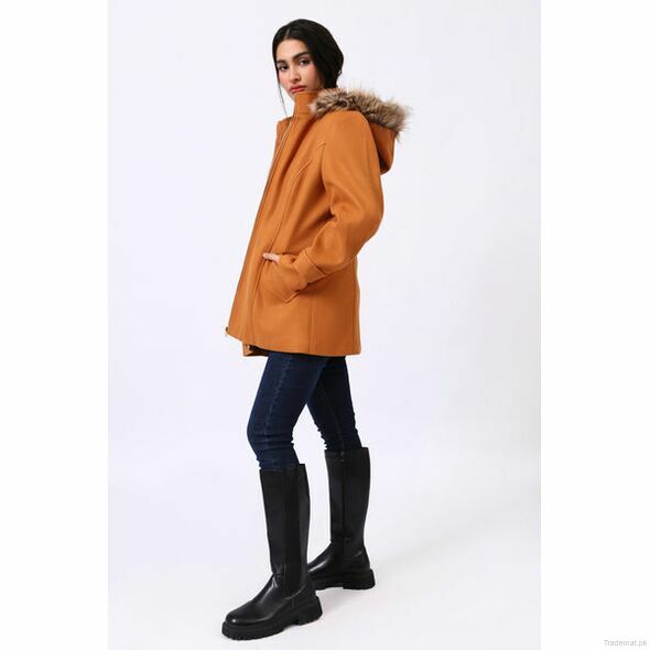 Paneled Coat with Fur Detail Hood, Women Coat - Trademart.pk