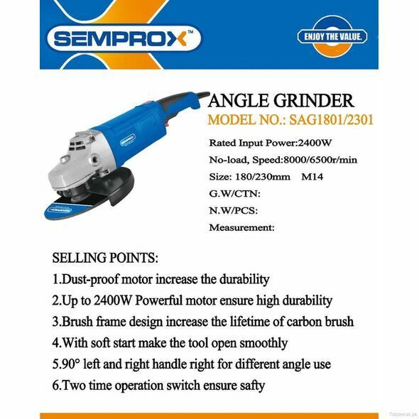 Semprox 180mm Angle Grinder 2400wIndustrial Heavy Duty, Angle Grinders - Trademart.pk